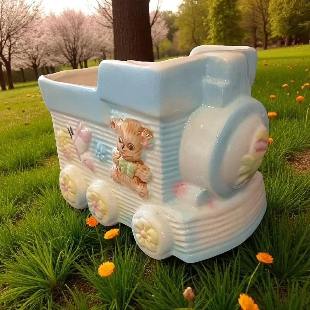 Vintage Baby Planter Decor Vase Ceramic Train Bear Butterfly‎ Colorful Large MCM